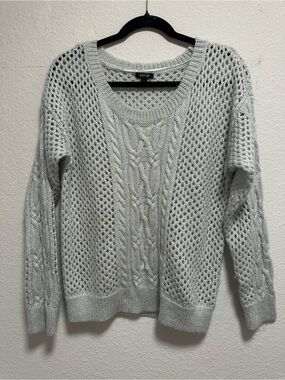 APT. 9 Women’s Large Silver Metallic Cable Knit Open Weave Sweater Shimmer